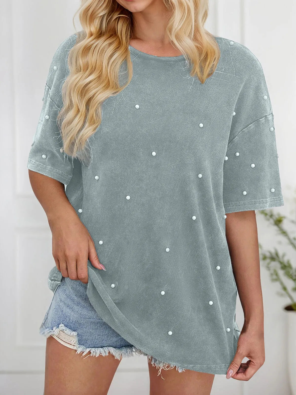 Solid Pearl Round Neck Short Sleeve T-shirt