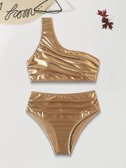 Solid Pleated Low Rise One Shoulder Bikini