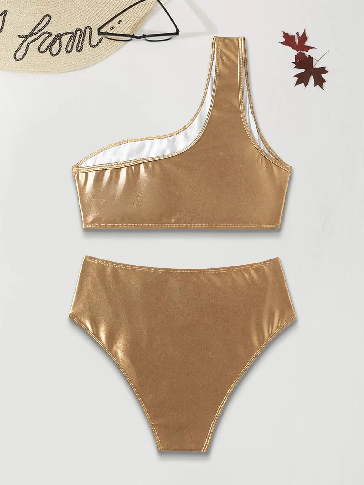 Solid Pleated Low Rise One Shoulder Bikini