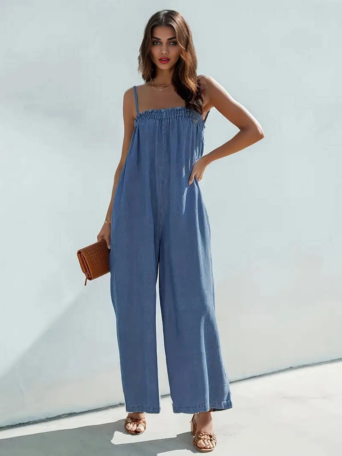 Solid Pleated Spaghetti Strap High Rise Denim Jumpsuits