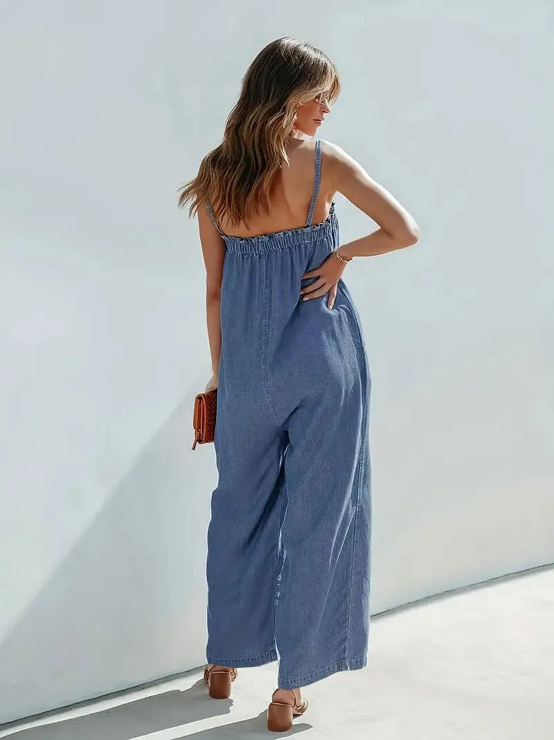 Solid Pleated Spaghetti Strap High Rise Denim Jumpsuits