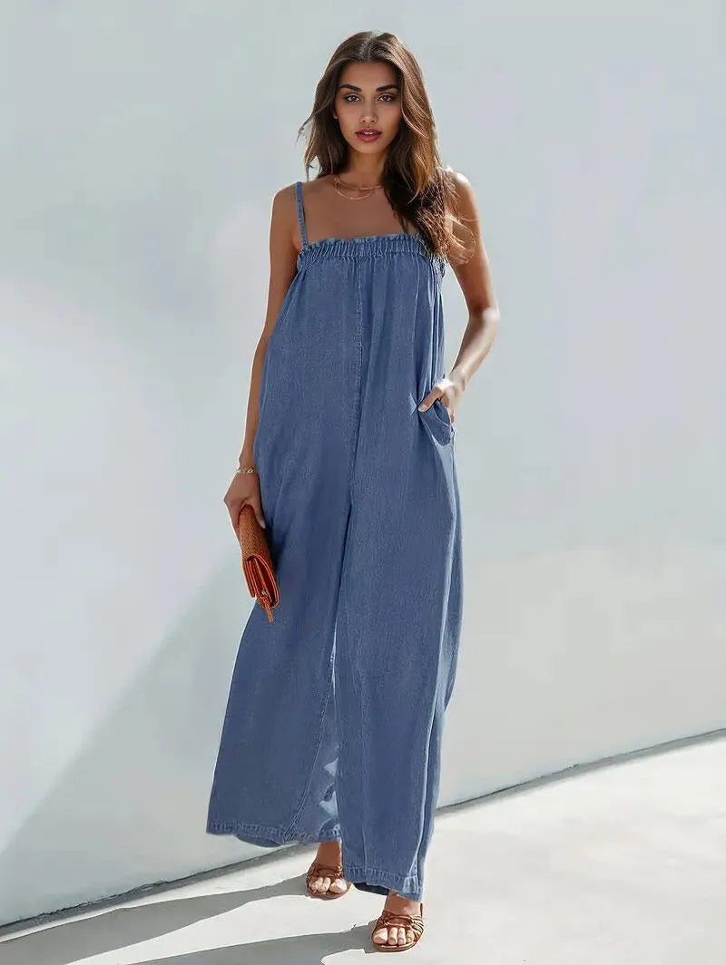 Solid Pleated Spaghetti Strap High Rise Denim Jumpsuits