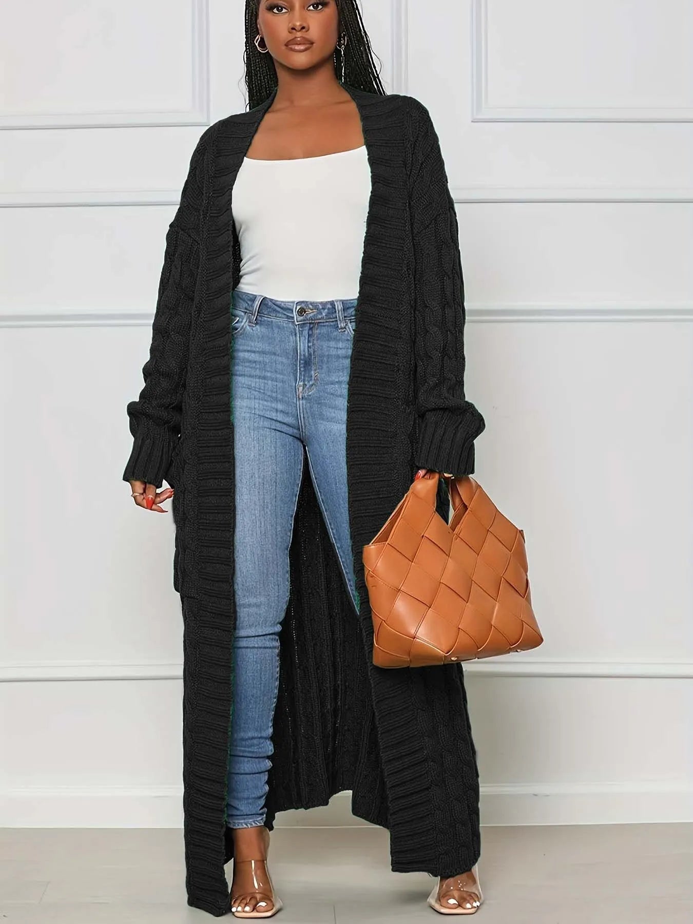 Solid Textured Drop Shoulder Pocket Cape Cardigan Casual Open Front Knitwear for Fall & Winter