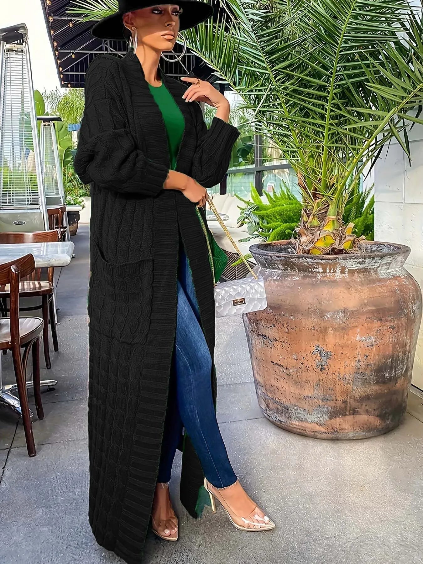 Solid Textured Drop Shoulder Pocket Cape Cardigan Casual Open Front Knitwear for Fall & Winter