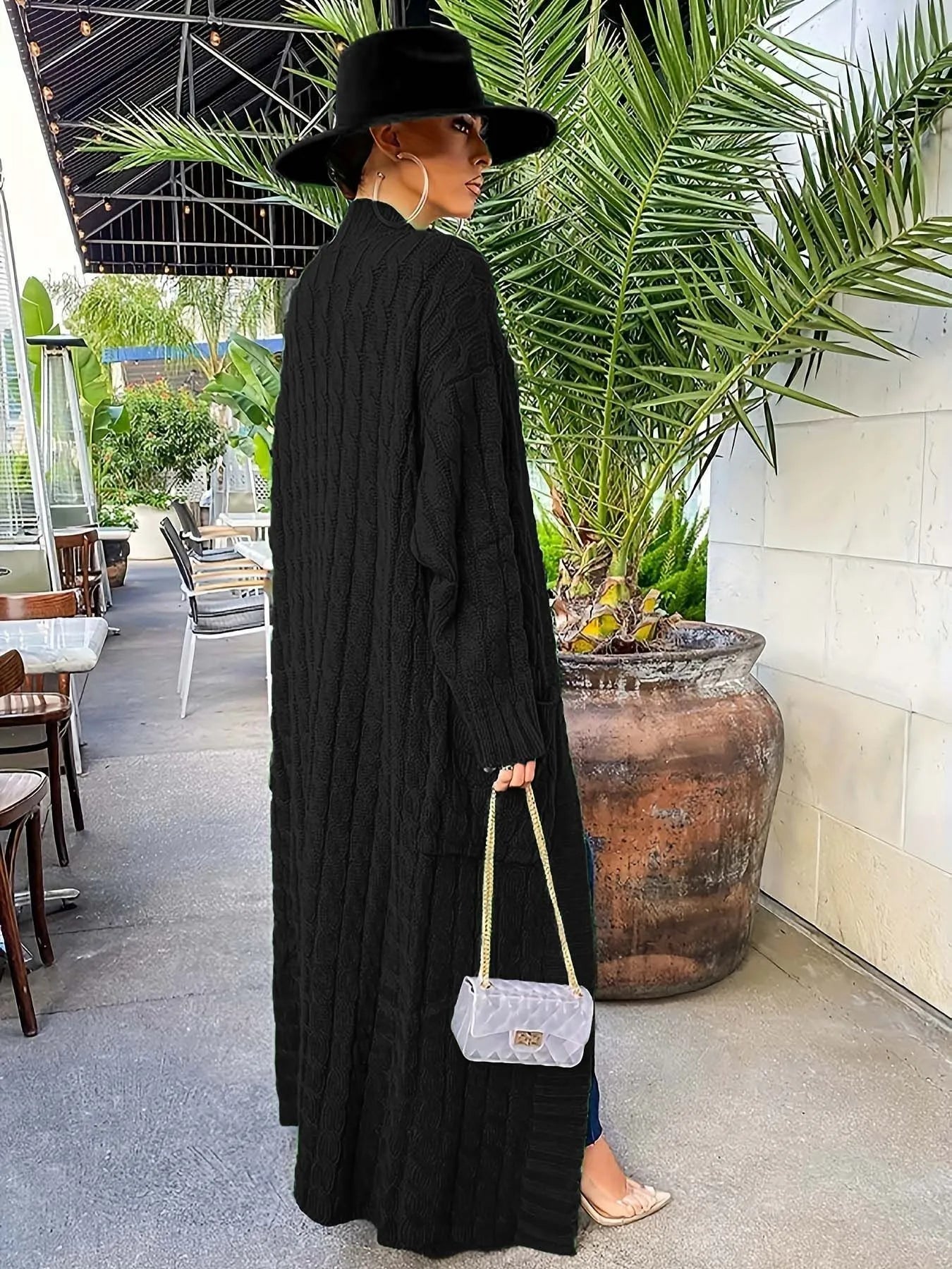 Solid Textured Drop Shoulder Pocket Cape Cardigan Casual Open Front Knitwear for Fall & Winter