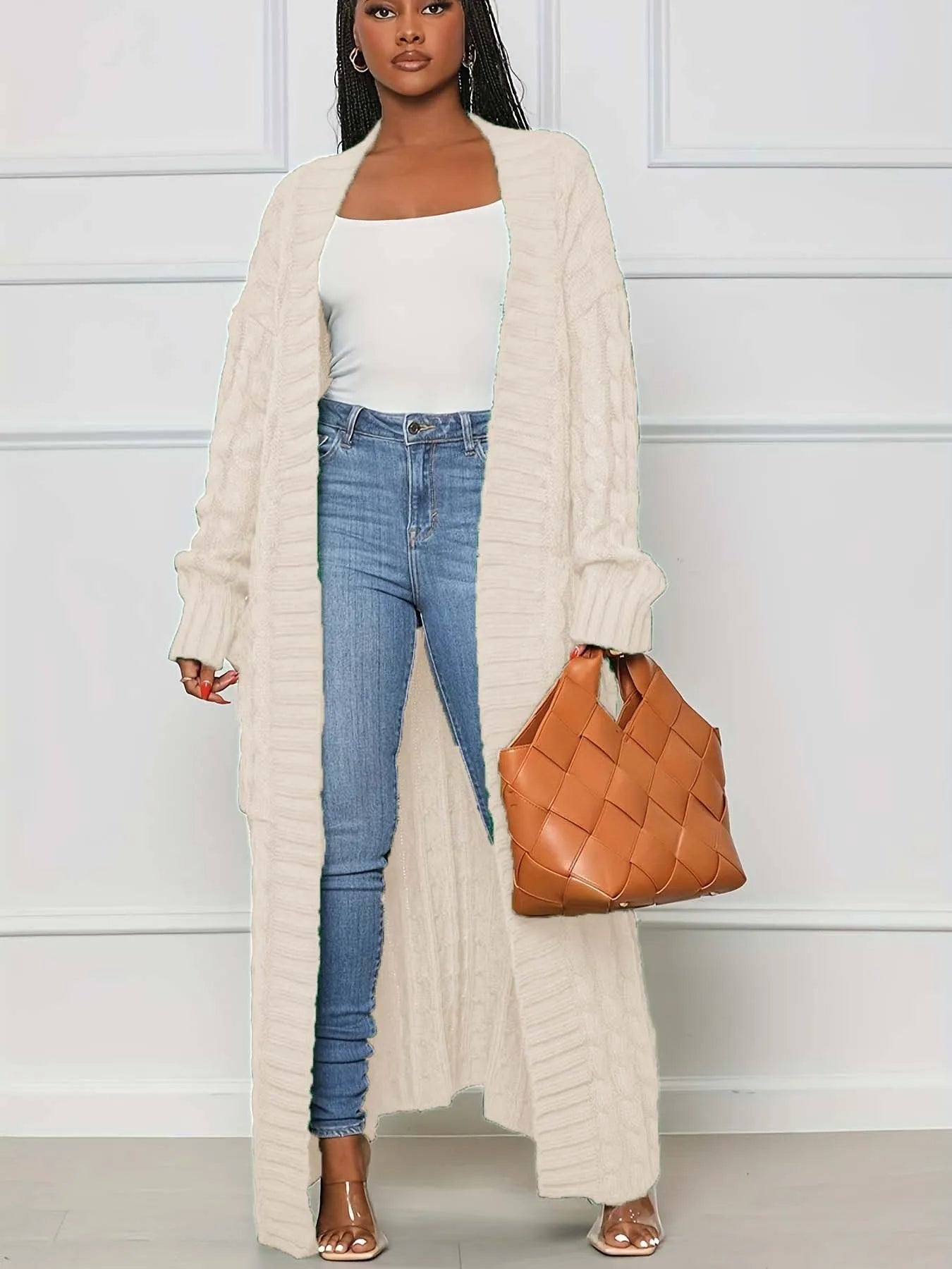 Solid Textured Drop Shoulder Pocket Cape Cardigan Casual Open Front Knitwear for Fall & Winter