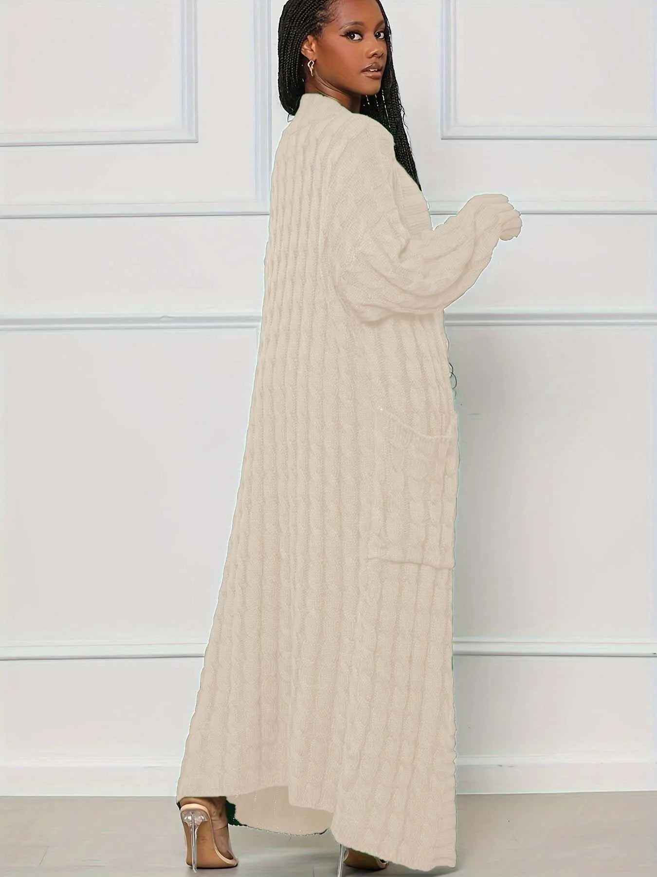 Solid Textured Drop Shoulder Pocket Cape Cardigan Casual Open Front Knitwear for Fall & Winter