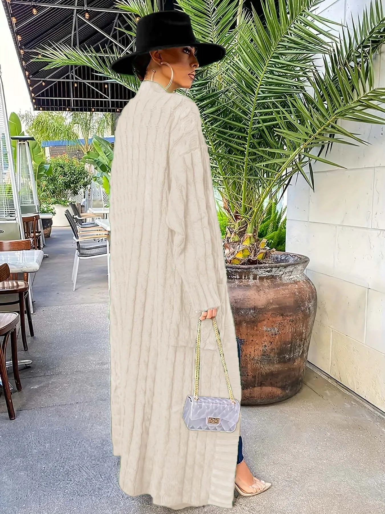 Solid Textured Drop Shoulder Pocket Cape Cardigan Casual Open Front Knitwear for Fall & Winter