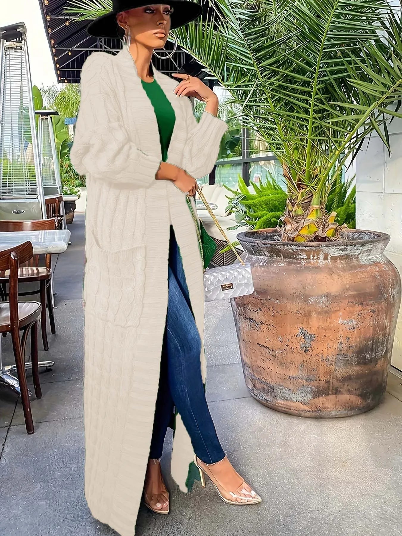 Solid Textured Drop Shoulder Pocket Cape Cardigan Casual Open Front Knitwear for Fall & Winter