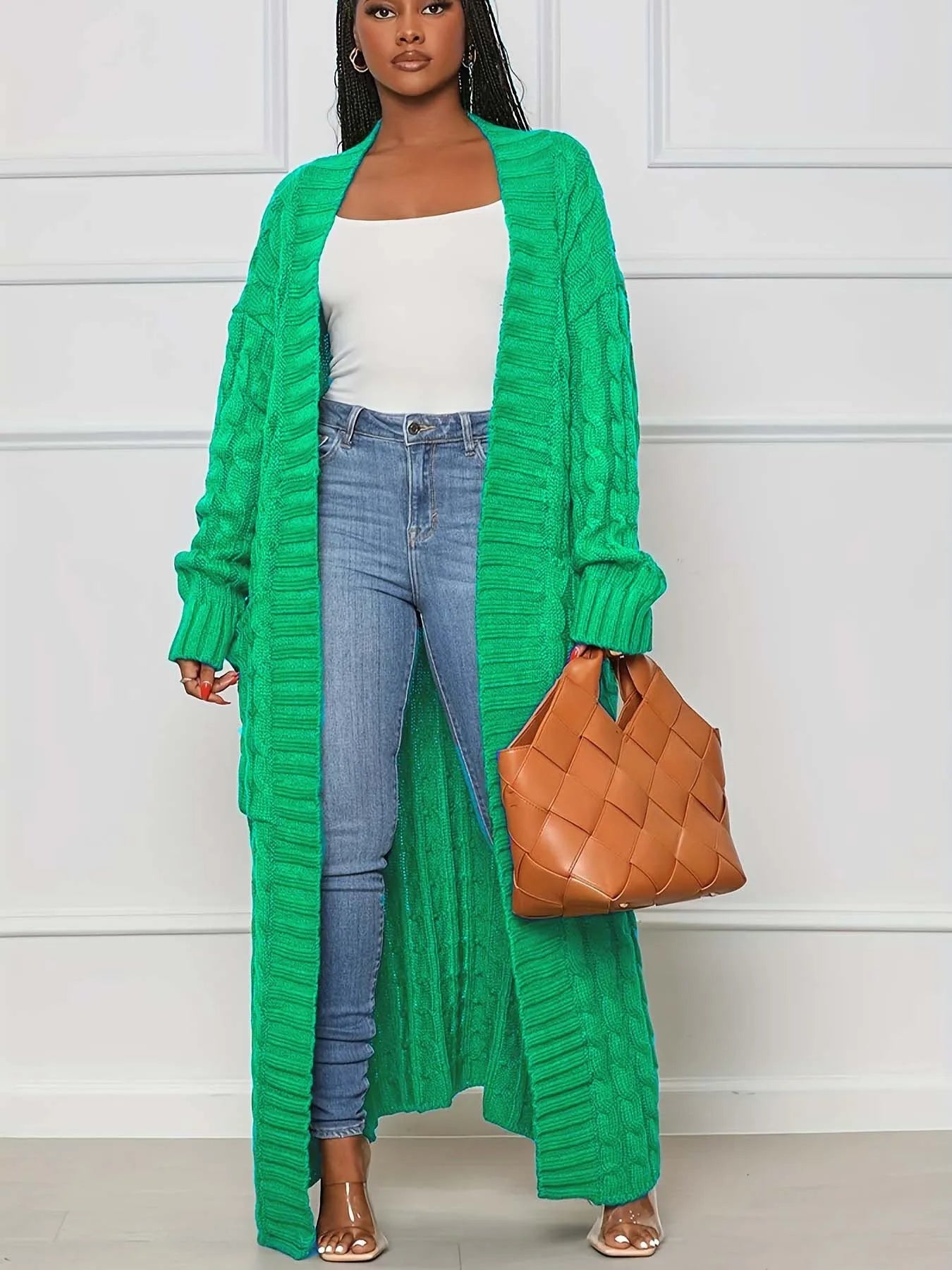 Solid Textured Drop Shoulder Pocket Cape Cardigan Casual Open Front Knitwear for Fall & Winter