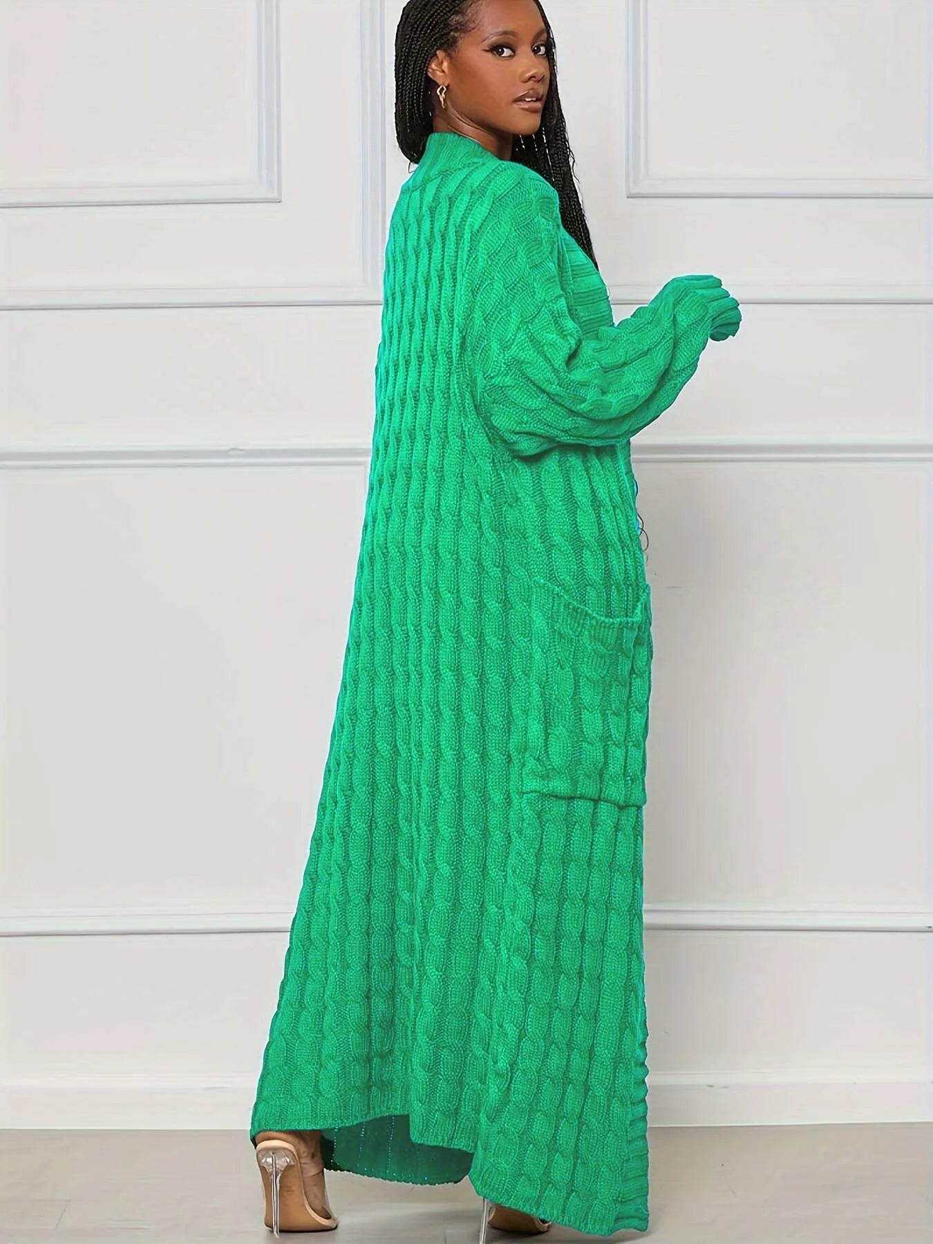 Solid Textured Drop Shoulder Pocket Cape Cardigan Casual Open Front Knitwear for Fall & Winter