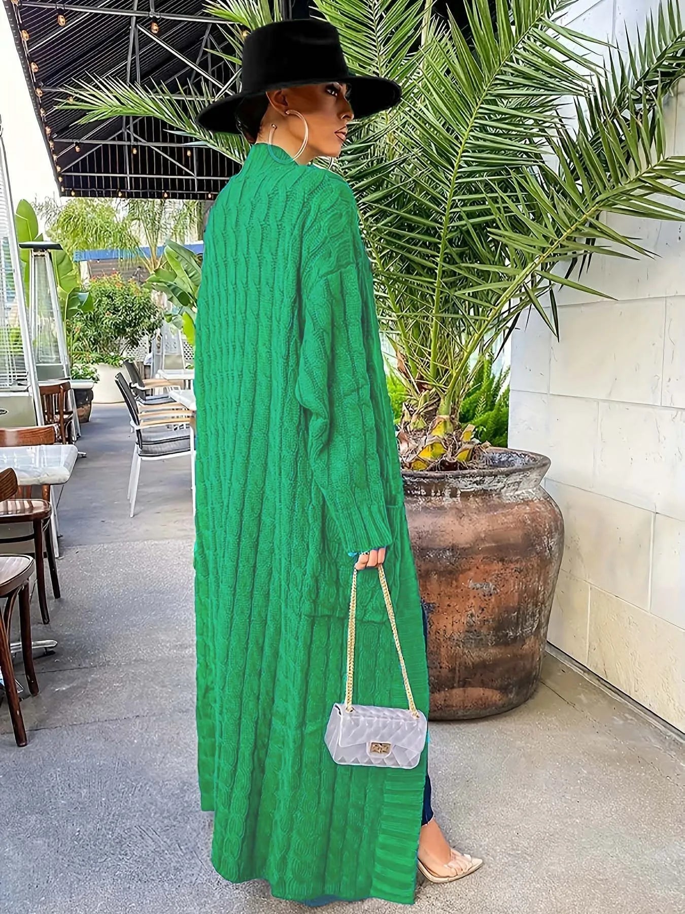 Solid Textured Drop Shoulder Pocket Cape Cardigan Casual Open Front Knitwear for Fall & Winter