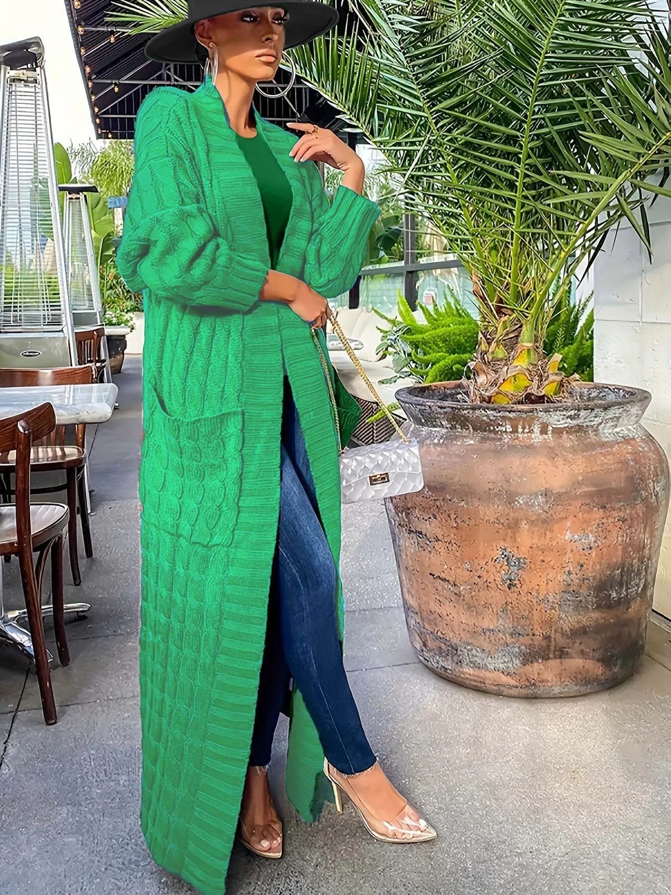 Solid Textured Drop Shoulder Pocket Cape Cardigan Casual Open Front Knitwear for Fall & Winter