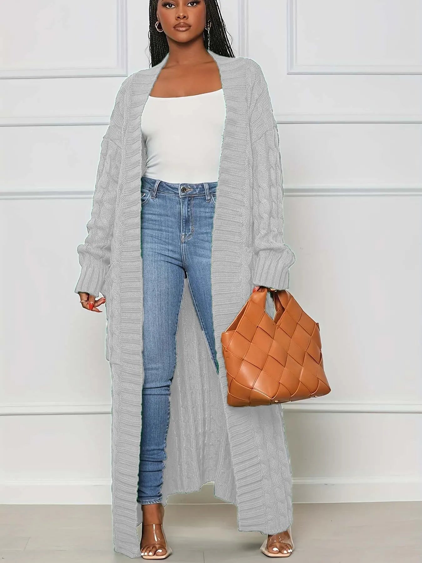 Solid Textured Drop Shoulder Pocket Cape Cardigan Casual Open Front Knitwear for Fall & Winter