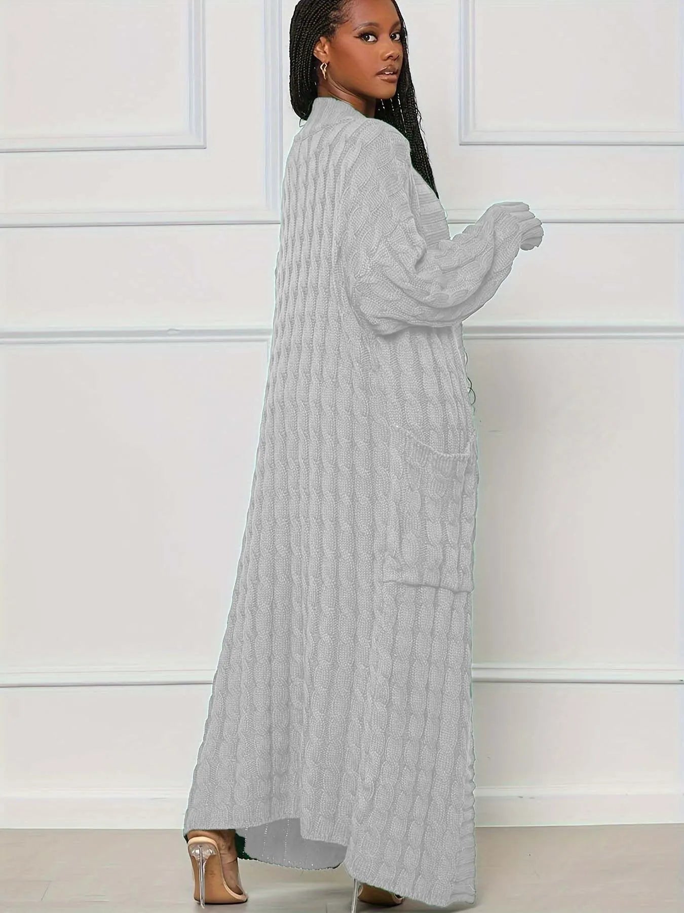 Solid Textured Drop Shoulder Pocket Cape Cardigan Casual Open Front Knitwear for Fall & Winter