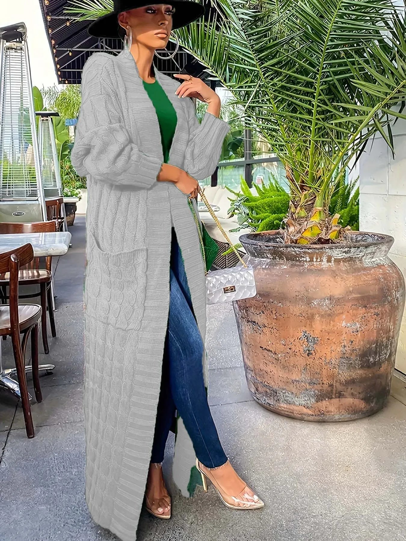 Solid Textured Drop Shoulder Pocket Cape Cardigan Casual Open Front Knitwear for Fall & Winter