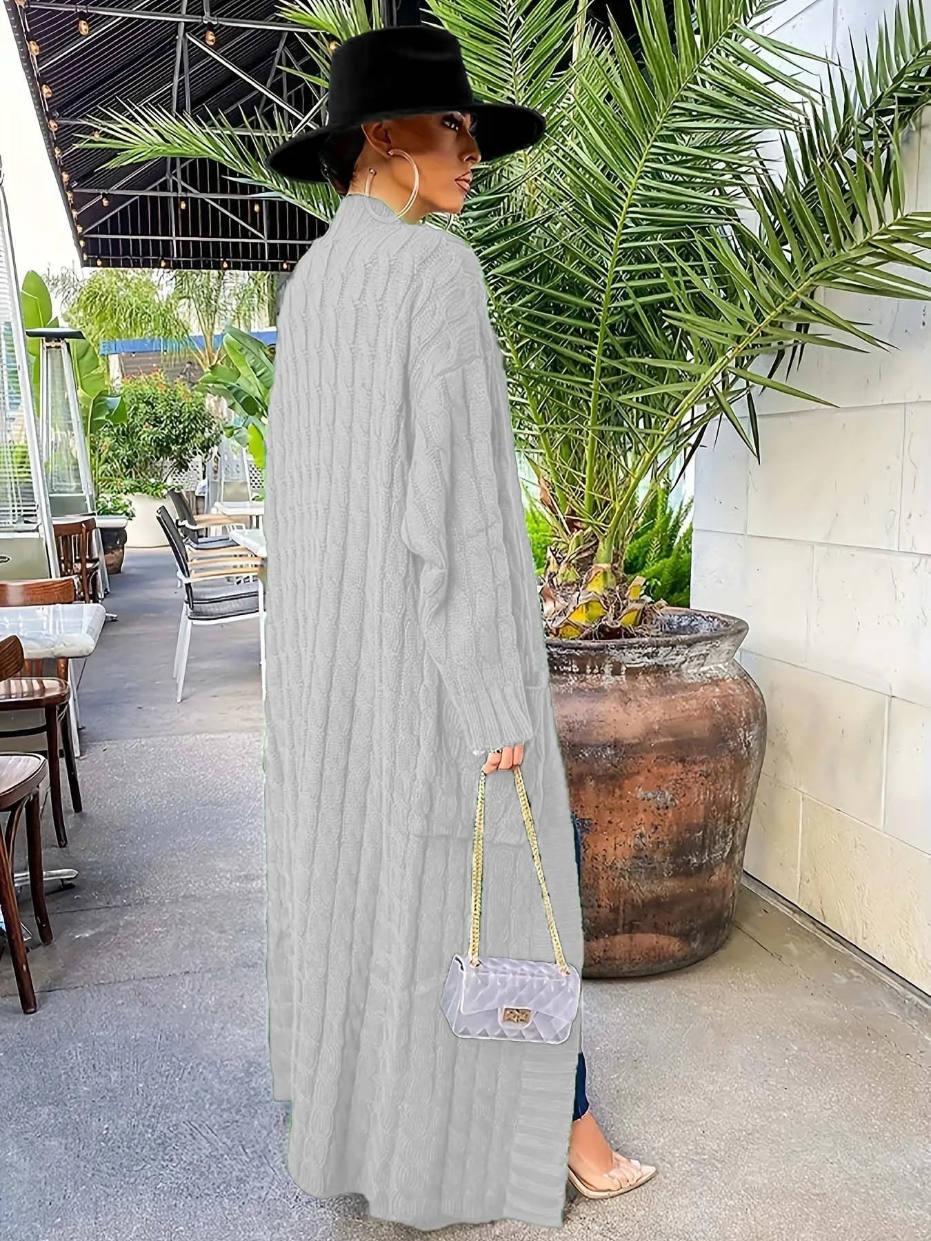 Solid Textured Drop Shoulder Pocket Cape Cardigan Casual Open Front Knitwear for Fall & Winter