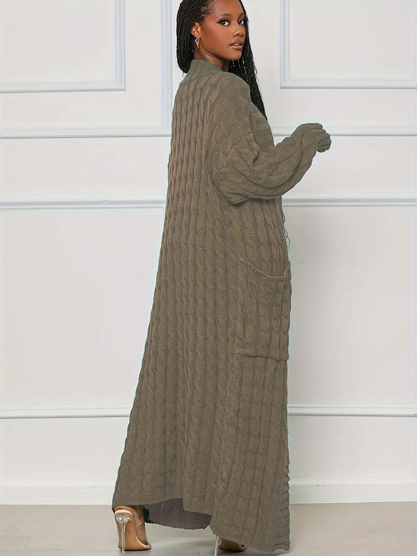 Solid Textured Drop Shoulder Pocket Cape Cardigan Casual Open Front Knitwear for Fall & Winter