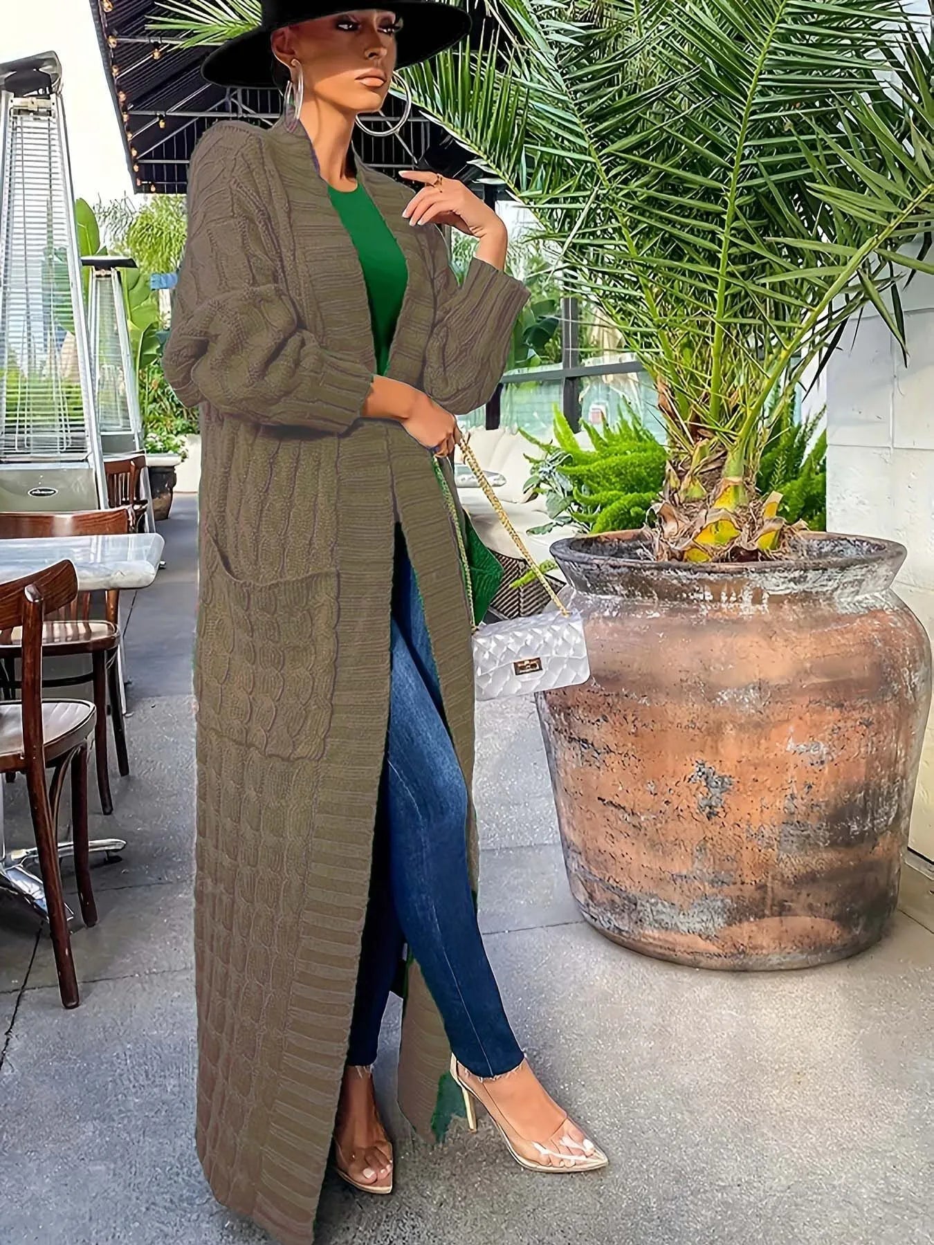 Solid Textured Drop Shoulder Pocket Cape Cardigan Casual Open Front Knitwear for Fall & Winter