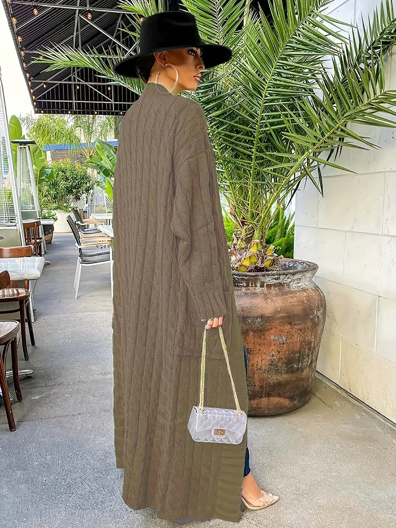 Solid Textured Drop Shoulder Pocket Cape Cardigan Casual Open Front Knitwear for Fall & Winter