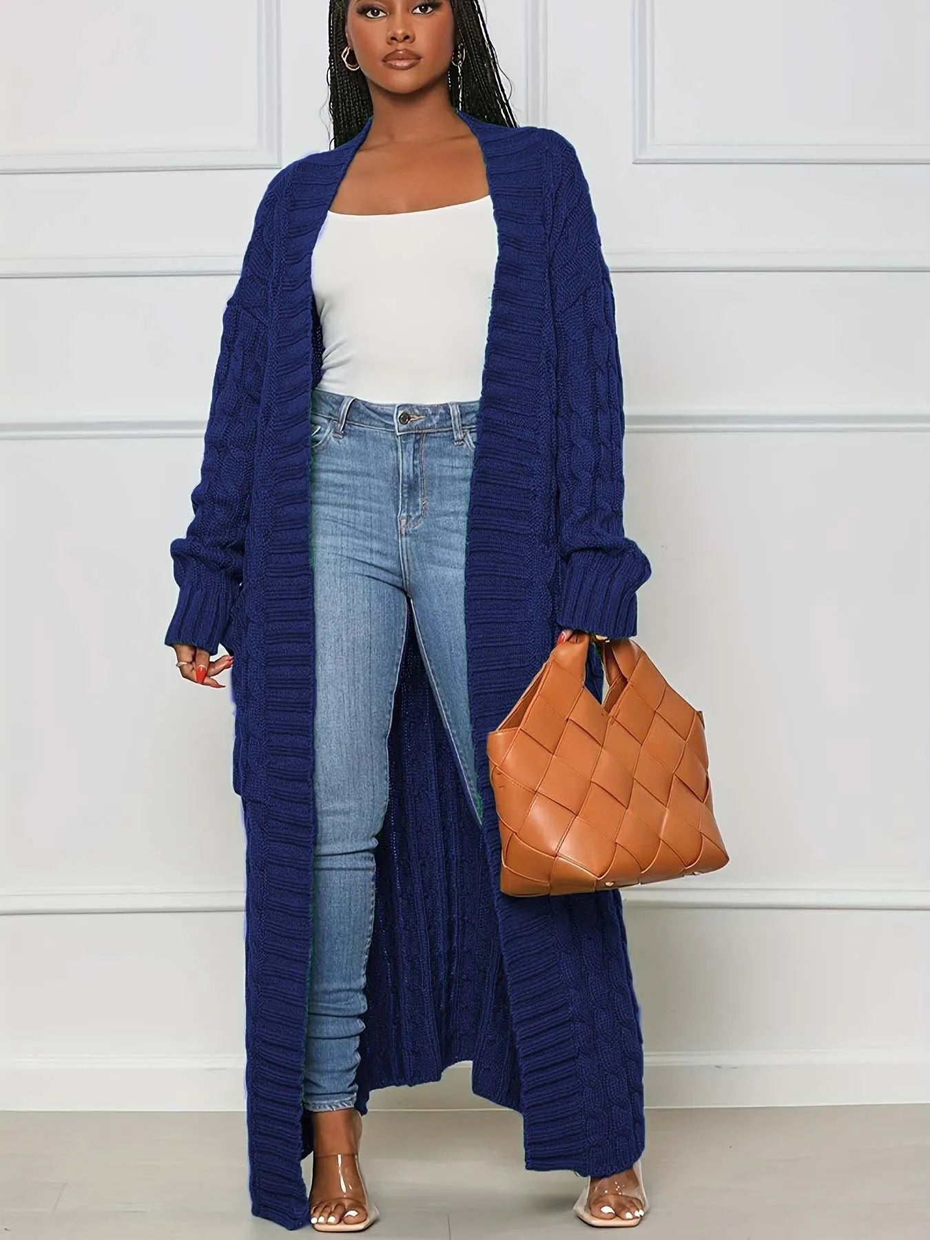 Solid Textured Drop Shoulder Pocket Cape Cardigan Casual Open Front Knitwear for Fall & Winter