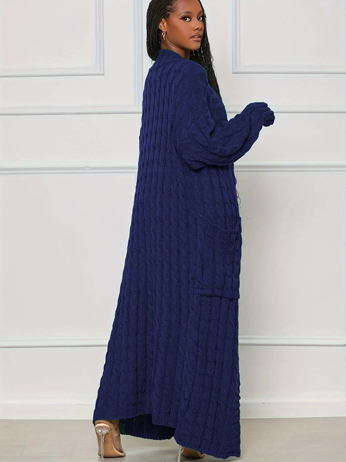 Solid Textured Drop Shoulder Pocket Cape Cardigan Casual Open Front Knitwear for Fall & Winter