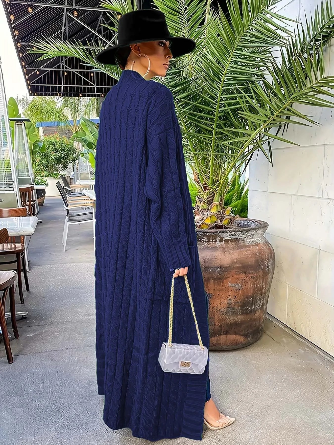 Solid Textured Drop Shoulder Pocket Cape Cardigan Casual Open Front Knitwear for Fall & Winter
