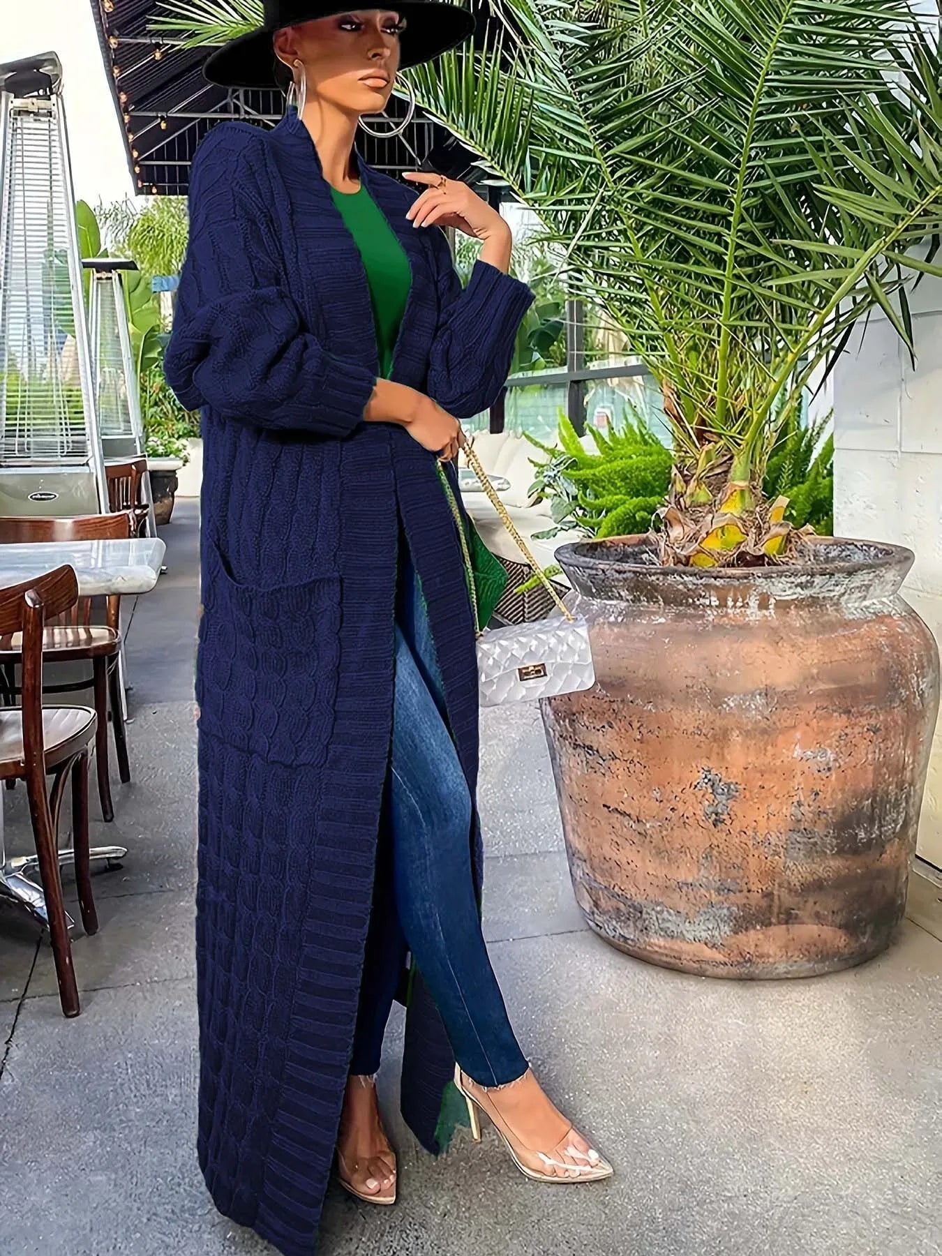 Solid Textured Drop Shoulder Pocket Cape Cardigan Casual Open Front Knitwear for Fall & Winter