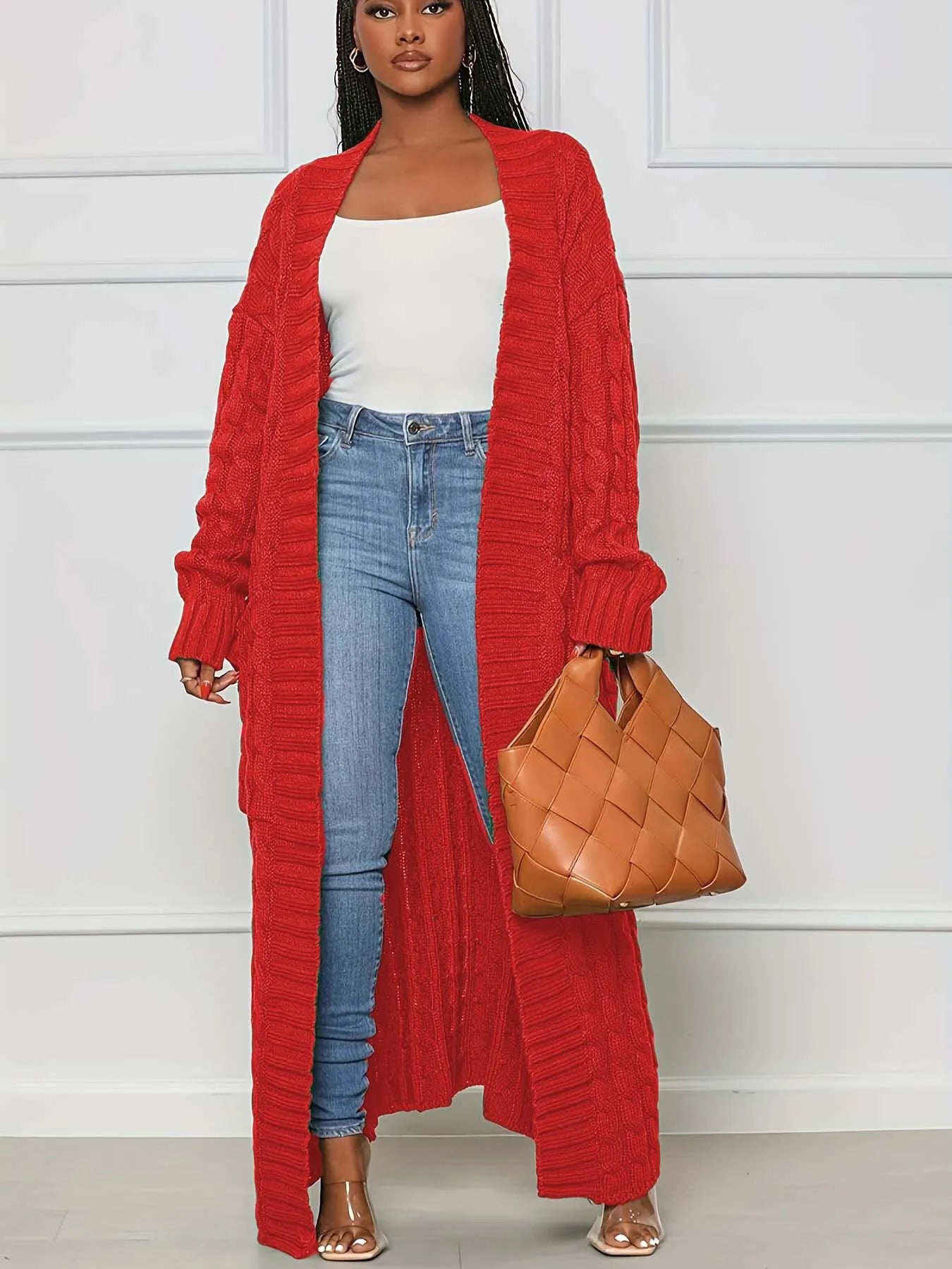 Solid Textured Drop Shoulder Pocket Cape Cardigan Casual Open Front Knitwear for Fall & Winter