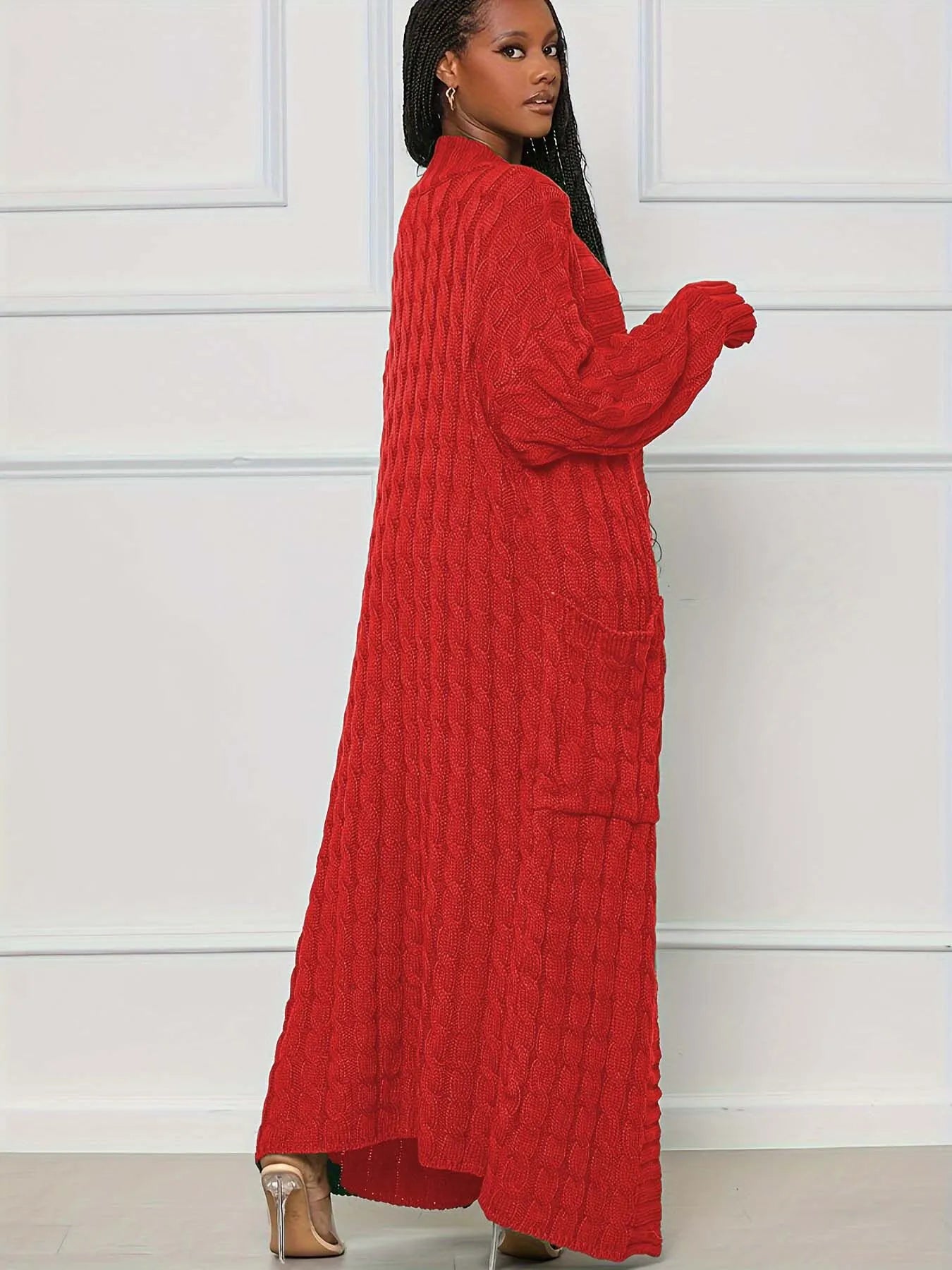 Solid Textured Drop Shoulder Pocket Cape Cardigan Casual Open Front Knitwear for Fall & Winter