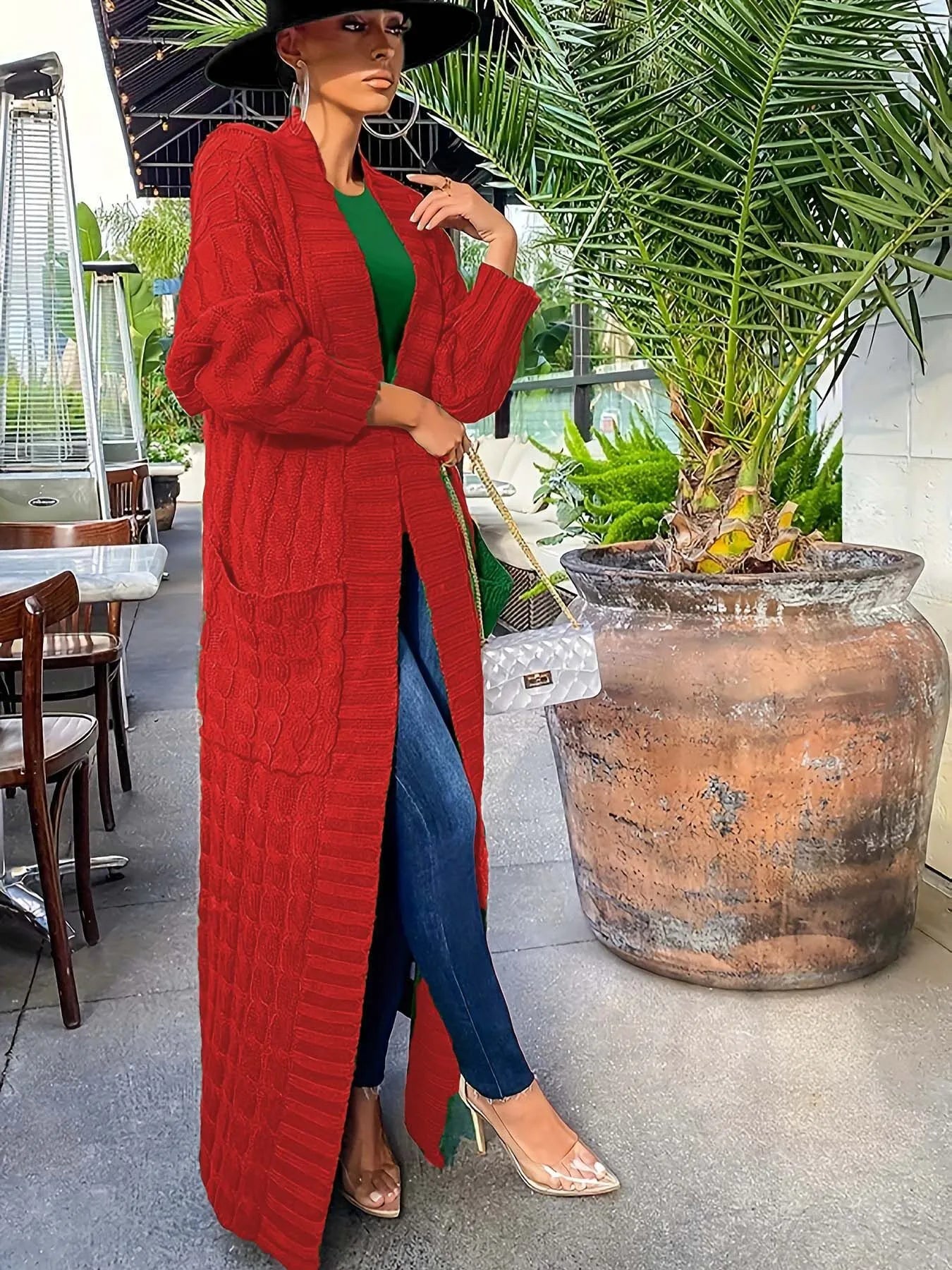 Solid Textured Drop Shoulder Pocket Cape Cardigan Casual Open Front Knitwear for Fall & Winter