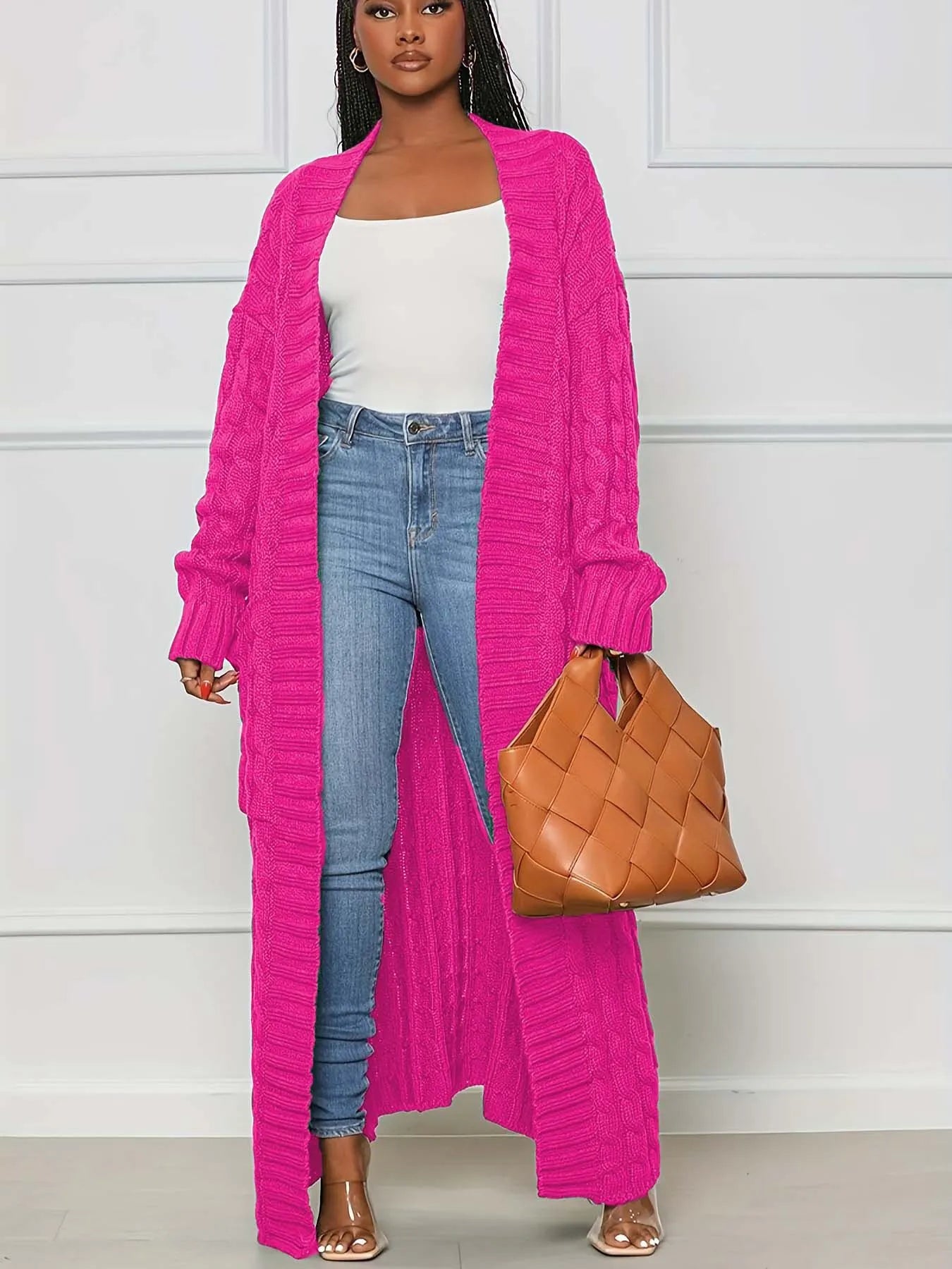 Solid Textured Drop Shoulder Pocket Cape Cardigan Casual Open Front Knitwear for Fall & Winter