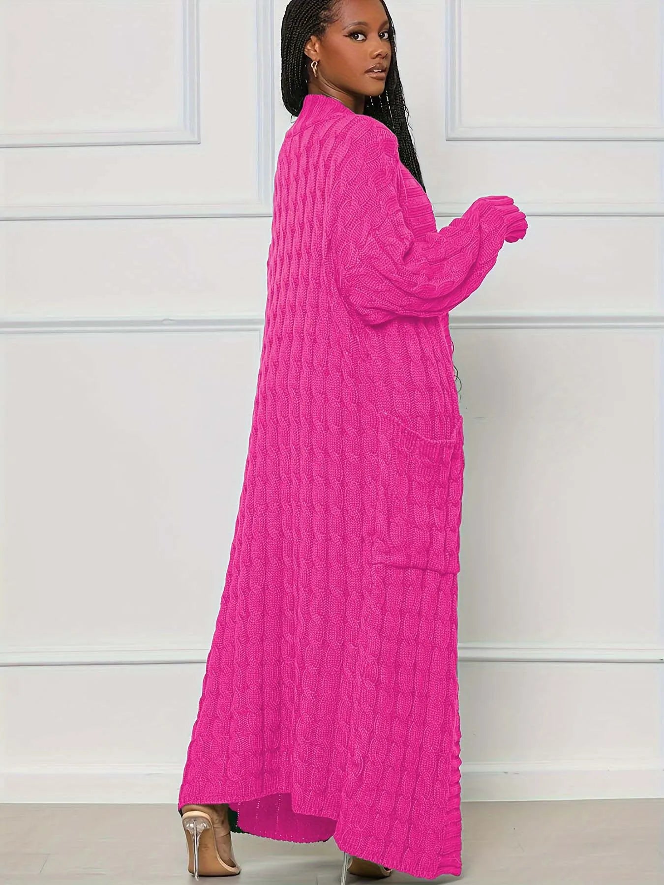 Solid Textured Drop Shoulder Pocket Cape Cardigan Casual Open Front Knitwear for Fall & Winter