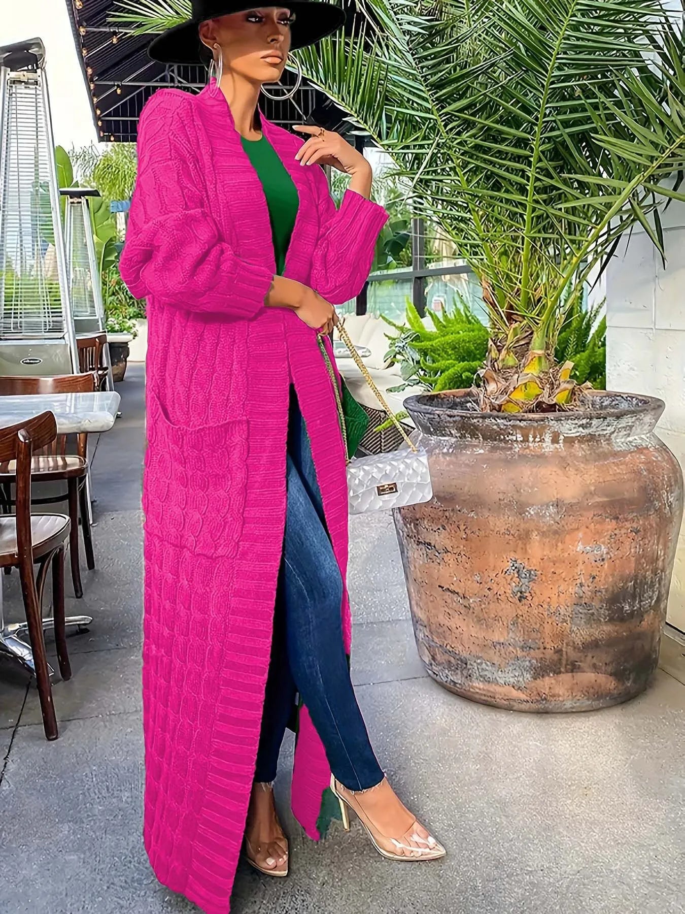 Solid Textured Drop Shoulder Pocket Cape Cardigan Casual Open Front Knitwear for Fall & Winter