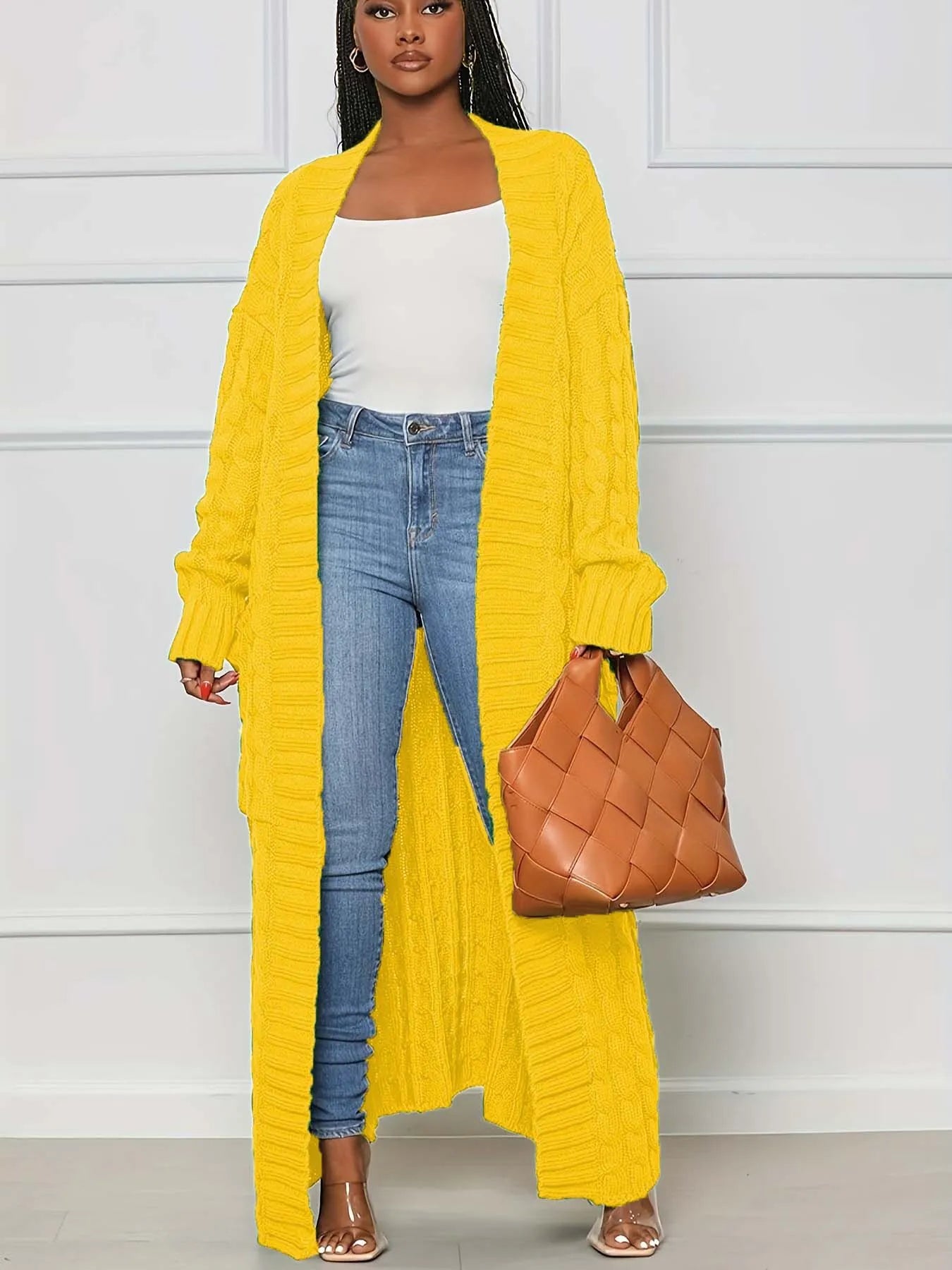 Solid Textured Drop Shoulder Pocket Cape Cardigan Casual Open Front Knitwear for Fall & Winter