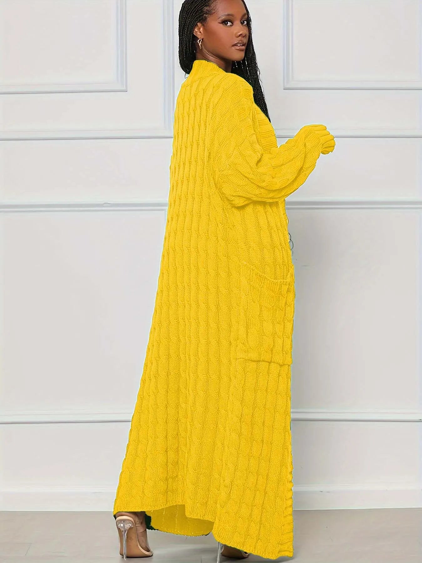 Solid Textured Drop Shoulder Pocket Cape Cardigan Casual Open Front Knitwear for Fall & Winter