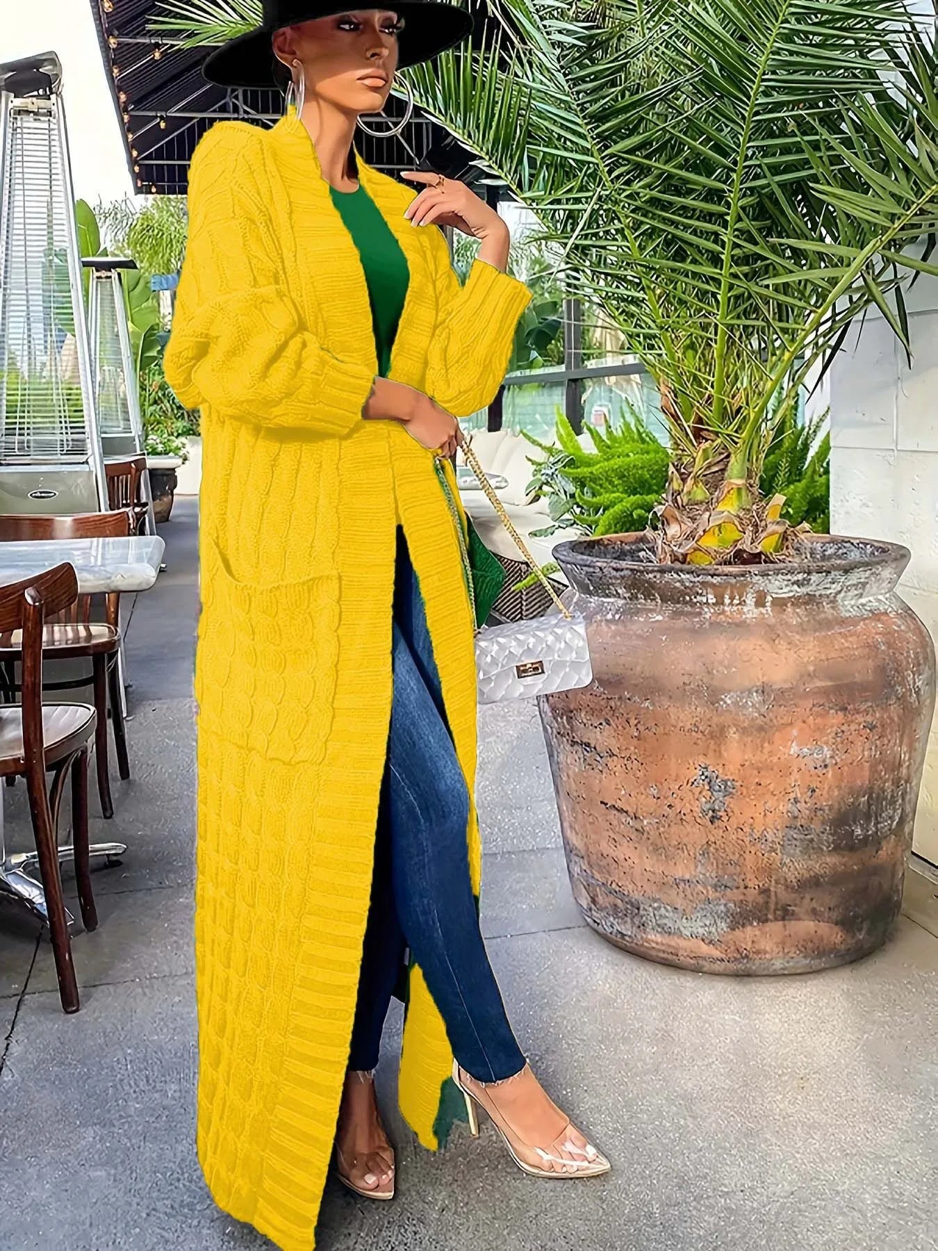 Solid Textured Drop Shoulder Pocket Cape Cardigan Casual Open Front Knitwear for Fall & Winter