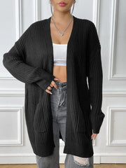 Solid Pocket Drop Shoulder Ribbed Knit Duster Cardigan