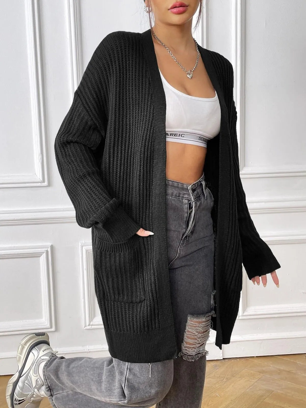 Solid Pocket Drop Shoulder Ribbed Knit Duster Cardigan