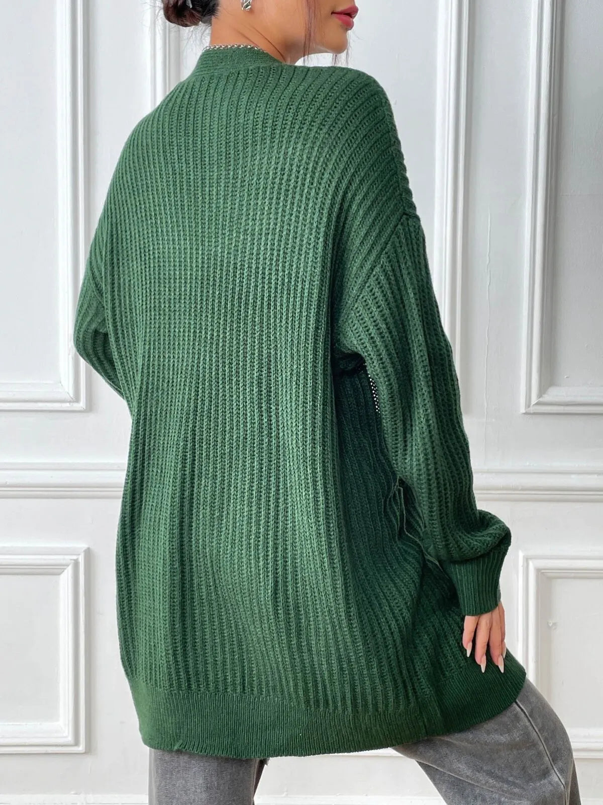 Solid Pocket Drop Shoulder Ribbed Knit Duster Cardigan
