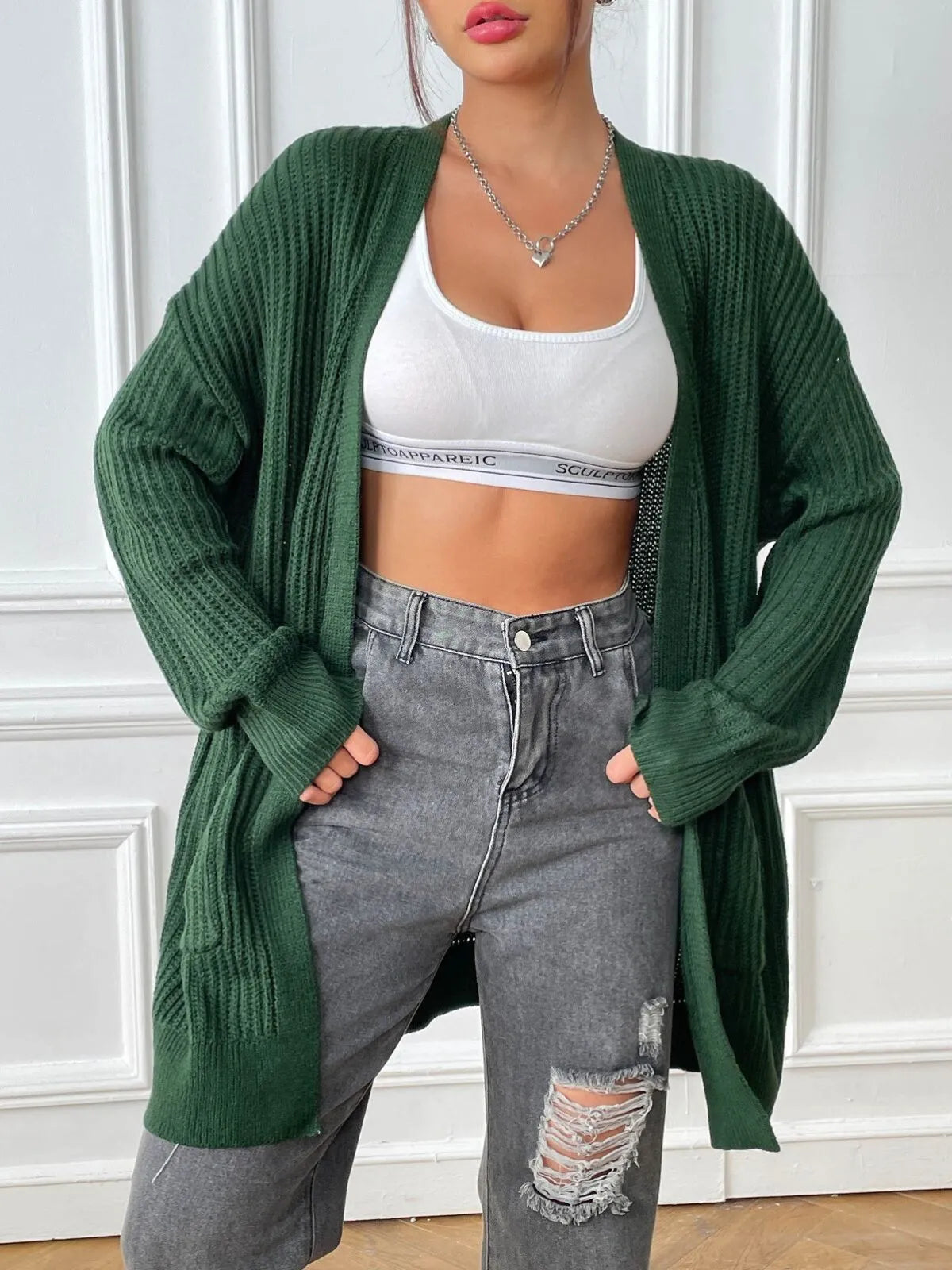 Solid Pocket Drop Shoulder Ribbed Knit Duster Cardigan