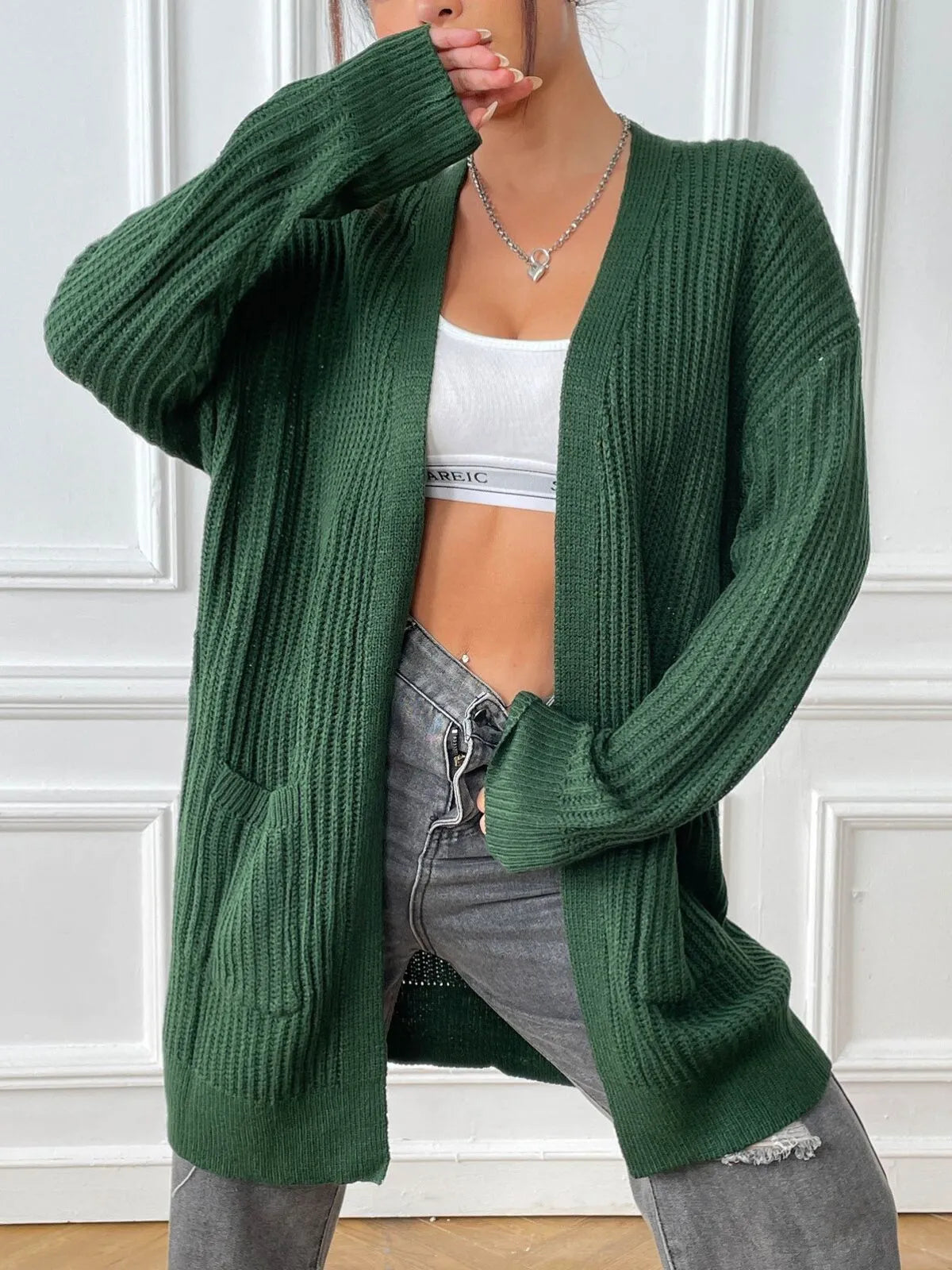 Solid Pocket Drop Shoulder Ribbed Knit Duster Cardigan