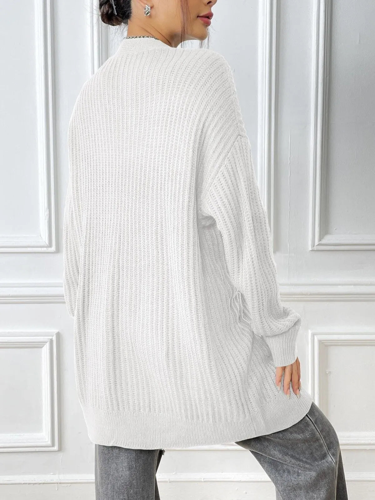Solid Pocket Drop Shoulder Ribbed Knit Duster Cardigan
