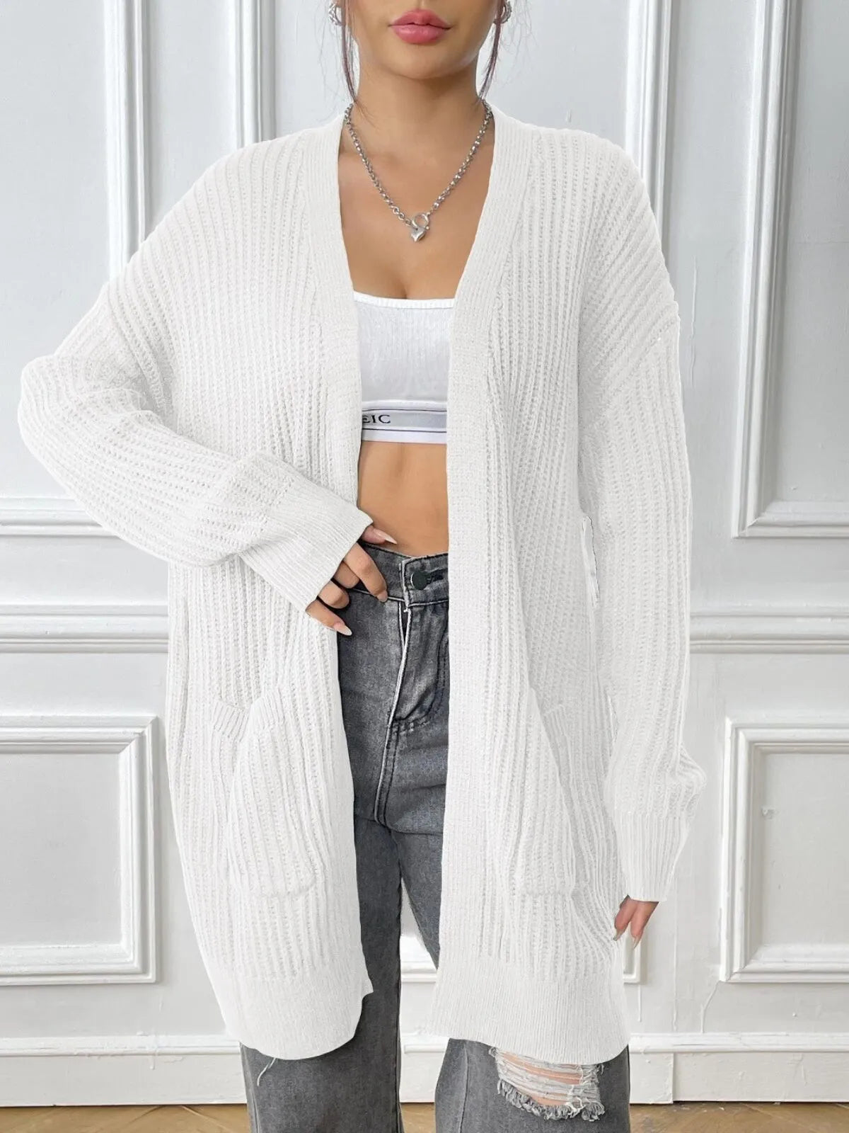 Solid Pocket Drop Shoulder Ribbed Knit Duster Cardigan