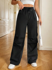 Solid Pocket High Rise Elastic Waist Pants