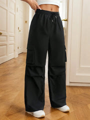 Solid Pocket High Rise Elastic Waist Pants