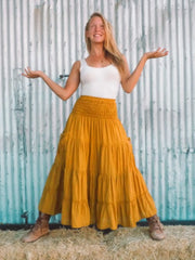 Solid Pocket High Rise Elastic Waist Pleoted Maxi Skirt