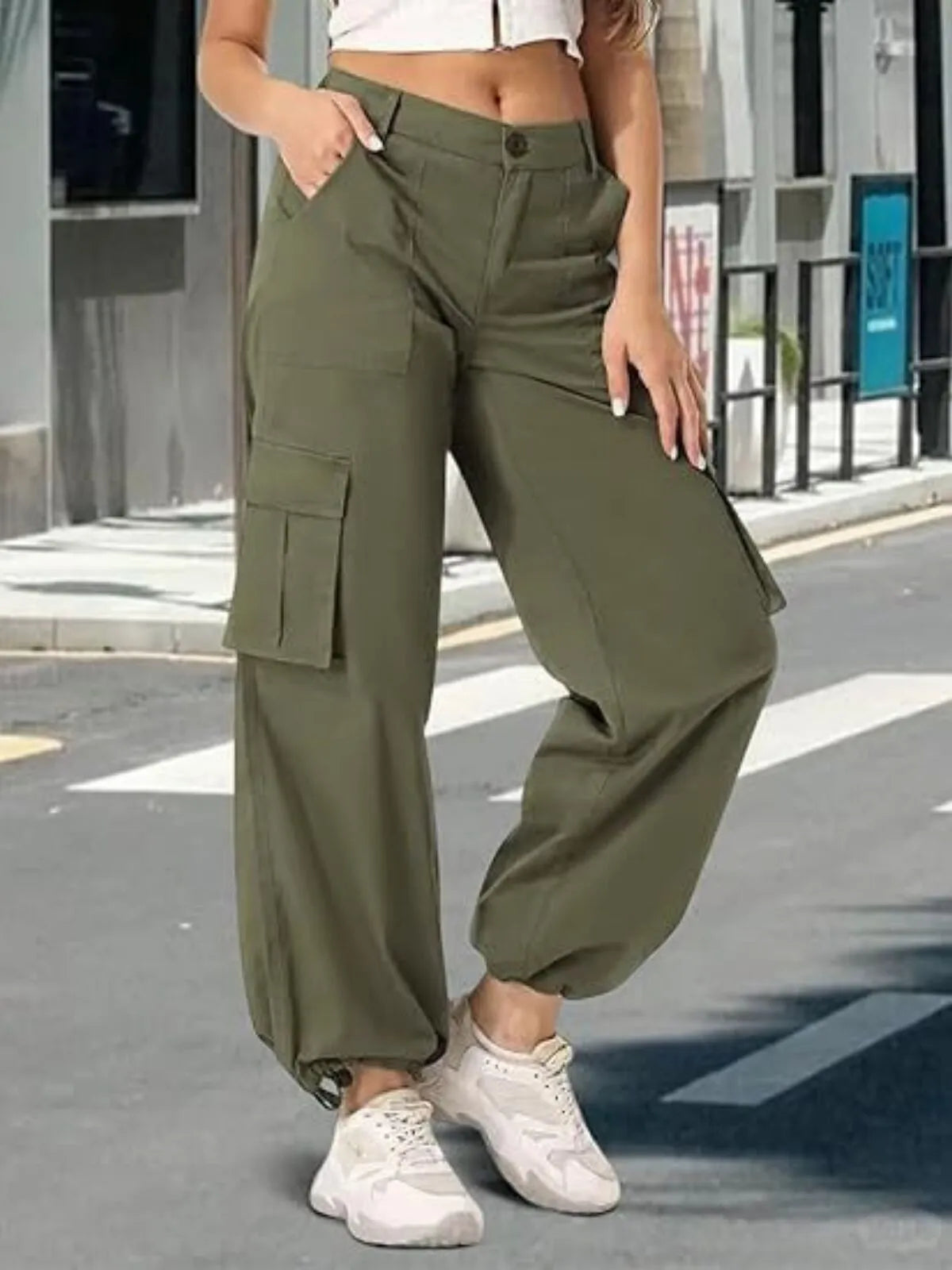 Casual Y2K Stretchy High Waisted Pockets Adjustable Trouser Cuffs Hiking Cargo Pants