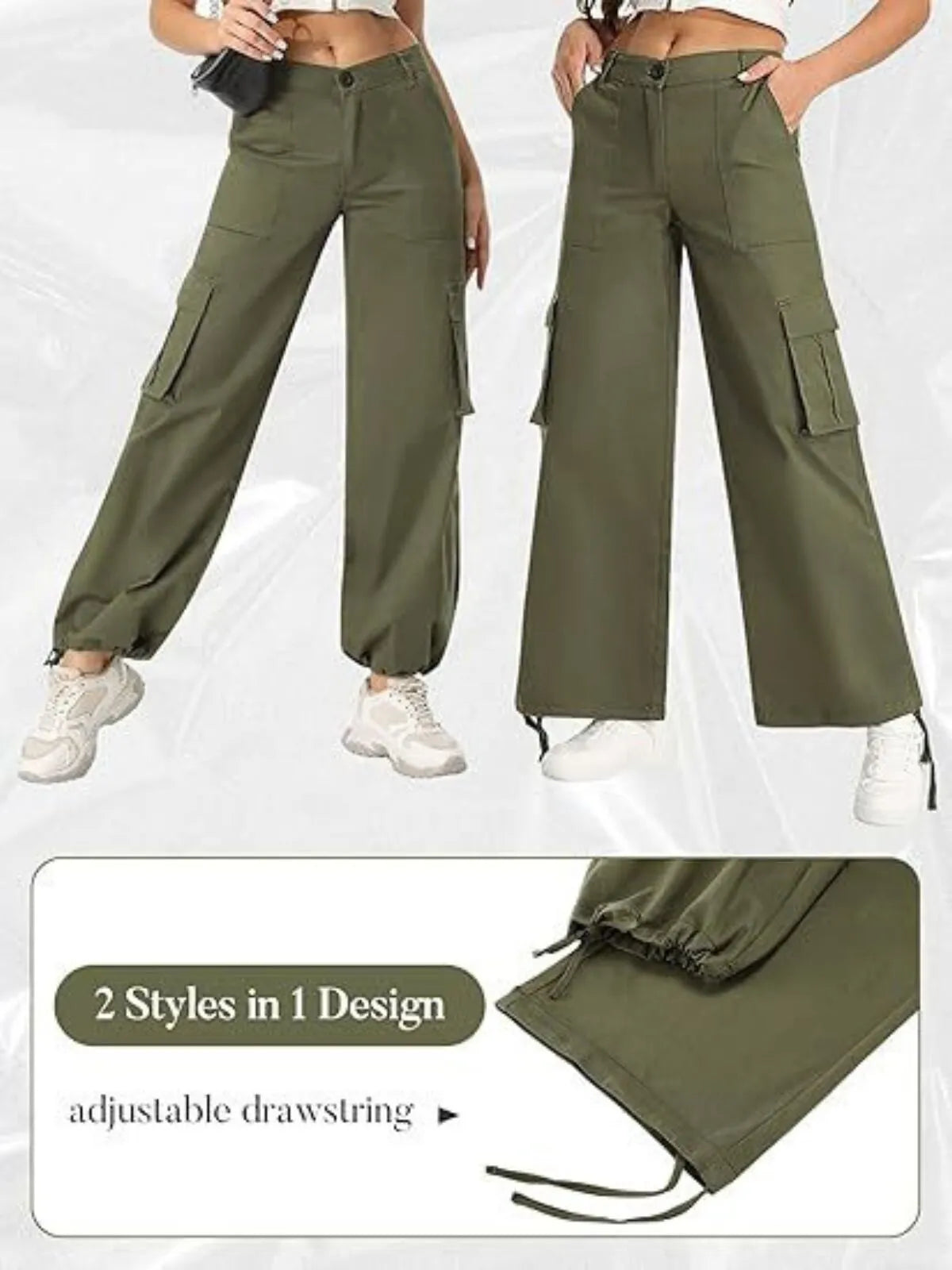Casual Y2K Stretchy High Waisted Pockets Adjustable Trouser Cuffs Hiking Cargo Pants