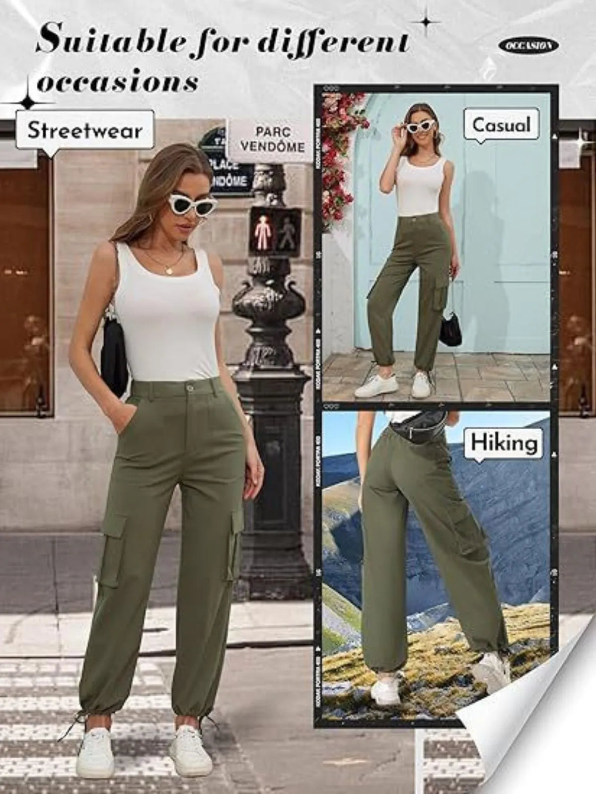 Casual Y2K Stretchy High Waisted Pockets Adjustable Trouser Cuffs Hiking Cargo Pants
